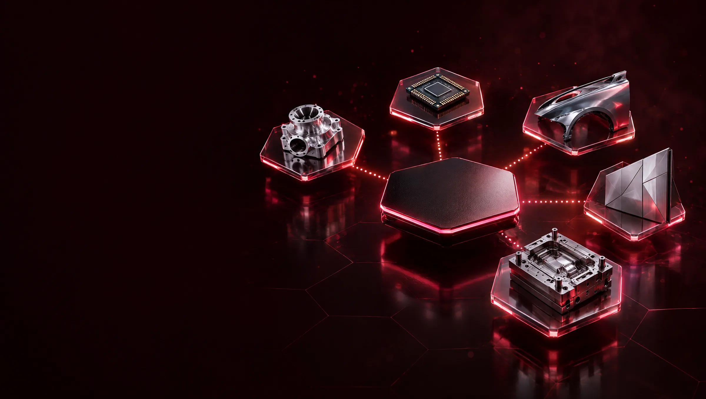 Glowing hexagonal coating platform connected to industrial parts: a metal component, a chip, an automotive panel, an architectural panel and a mold